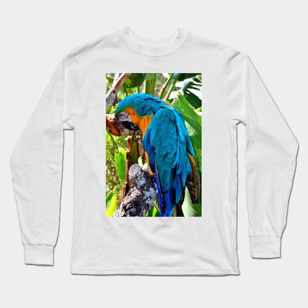 Macaw Parrot Yellow And Blue Bird Long Sleeve T-Shirt by AndyEvansPhotos